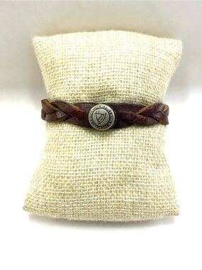 Braided Brown Leather Bracelet with Metal Medallion